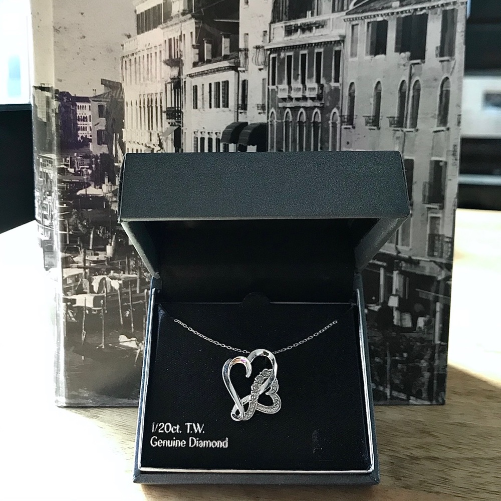 925 Silver diamond double heart pendant necklace